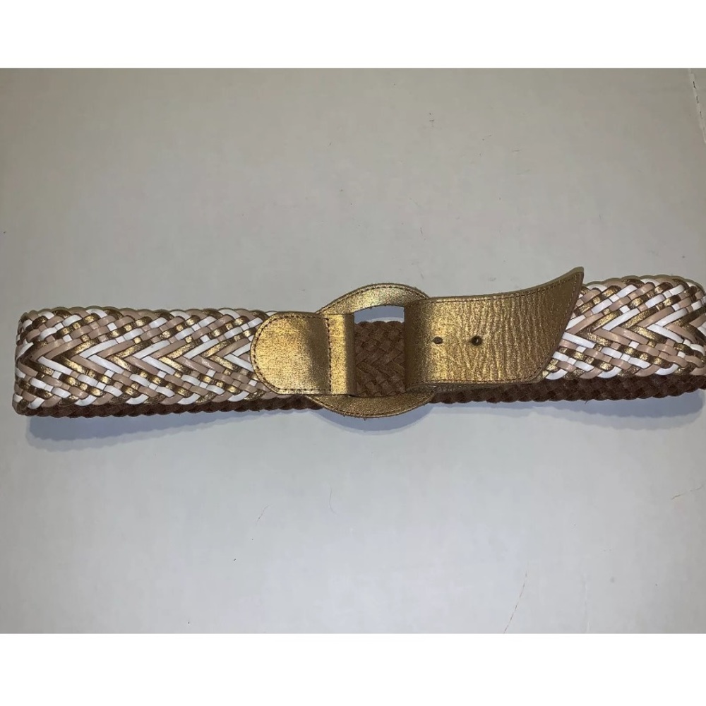 Linea Pelle Woven Leather Belt Gold Pink Metallic